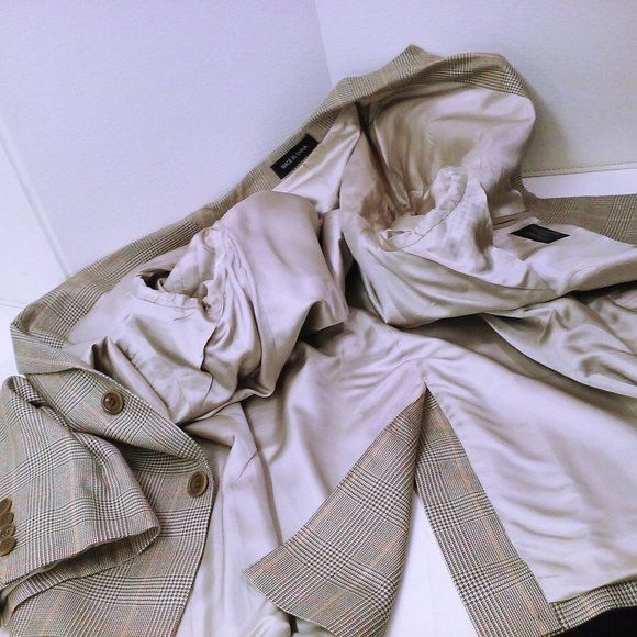 Vintage 90s-Y2K Blazer 100% Silk Suit Jacket Men-42L Fitted 2-Button Olive Plaid - Picture 6 of 10